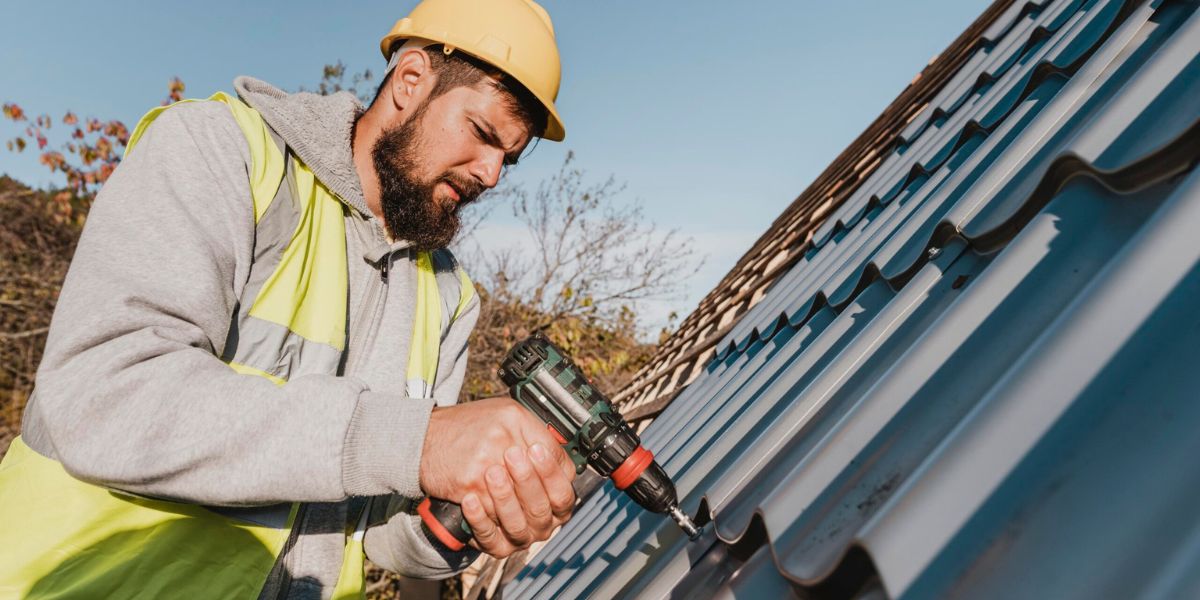 A man equipped with a hard hat and safety vest repairs a metal roof with a drill, enhancing the home's long-term protection.